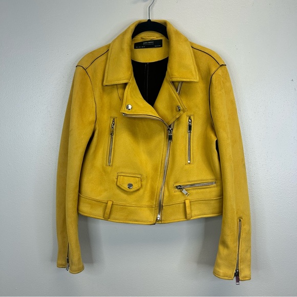Zara Mustard Yellow Faux Leather Biker Jacket Womens L Indie Rocker Grunge Outer - Picture 5 of 16